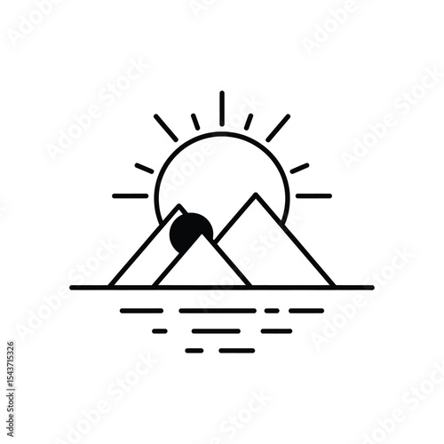 Minimalist sun setting behind mountains and lake