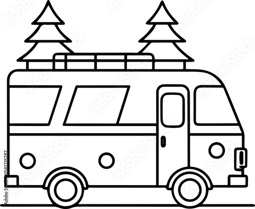 Camping bus outline vector illustration, line art
