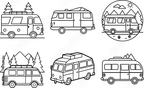 Set of Camping bus outline vector illustration, line art
