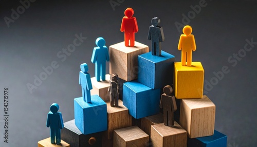 Colorful human-shaped figurines standing atop a pyramid of wooden and blue blocks—representing hierarchy, diversity, and teamwork