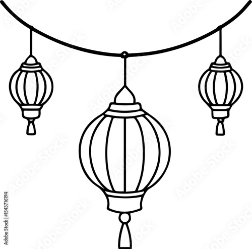 Chinese lantern outline vector illustration, line art
