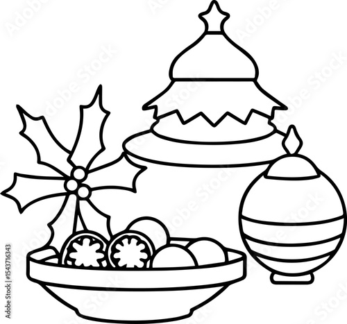 Christmas dishes black outline vector and illustration, coloring book page
