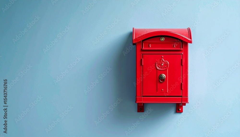 Curved red mailbox mounted on light blue wall Curved red mailbox mounted on light blue wall