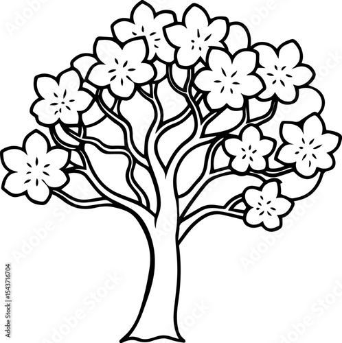 Blooming tree black outline vector and illustration, coloring book page

