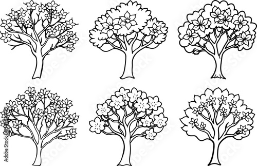 Set of Blooming tree black outline vector and illustration, coloring book page
