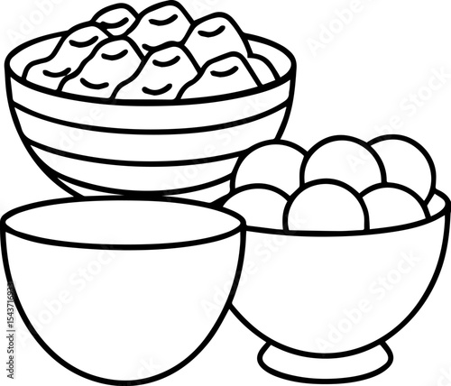 Bowls of breakfast black outline vector and illustration, coloring book page
