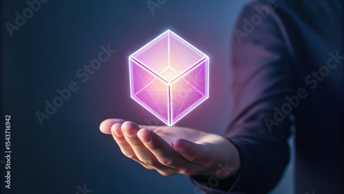 A hand holding a glowing, geometric shape with a purple hue, symbolizing innovation and technology in a futuristic environment.