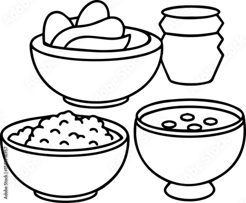 Bowls of breakfast black outline vector and illustration, coloring book page
