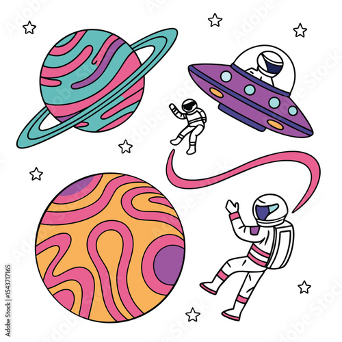 Illustration of two astronauts floating near planets and a ufo in a space scene with stars