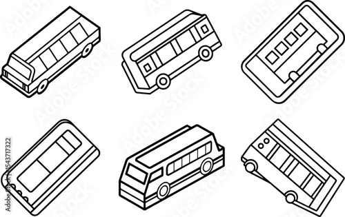 Set of bus pass outline coloring book page line art illustration