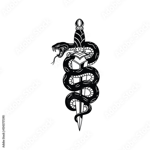 Black and White Tattoo Design Snake Wrapped Around Dagger