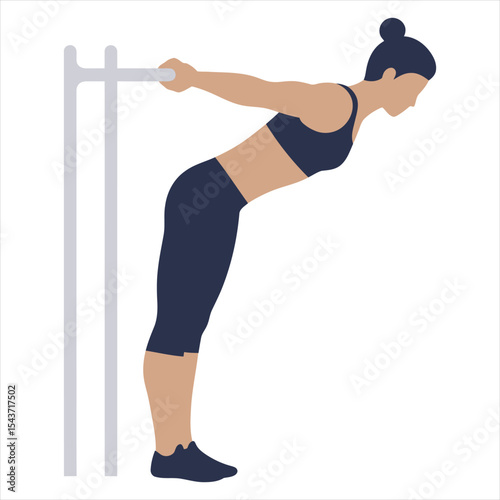 Female Athlete Stretching Hamstrings on Bar Vector - Woman Warming Up for Exercise and Fitness Training