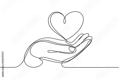 One line drawing of hand holding heart