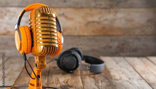 Golden vintage microphone with orange headphones on a wooden background