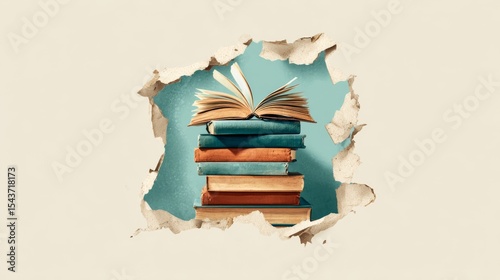 Stack of open and closed vintage books viewed through paper collage hole.