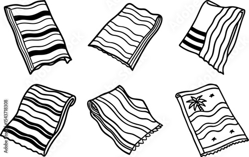 Set of Beach towel black outline vector and illustration, coloring book page
