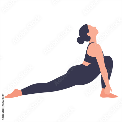 Female Yoga Low Lunge Pose Vector Illustration - Flexible Woman Practicing Stretching and Mindfulness for Wellness, Relaxation, and Fitness in Modern Flat Style for Health & Wellbeing