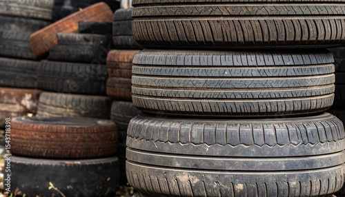 Old worn tires are stacked in piles, showing their treads and weathered surfaces