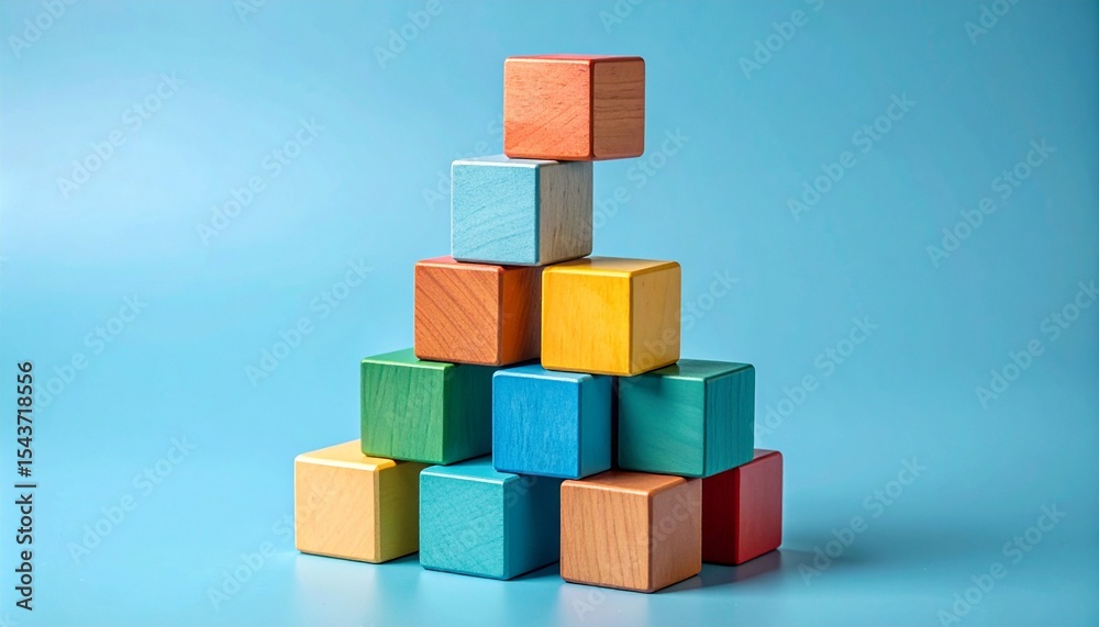 Obraz premium A pyramid of colorful wooden building blocks sits on a blue background 