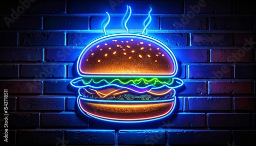 A steaming hamburger is depicted as a neon sign on a dark brick wall