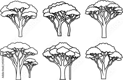 Set of african trees outline coloring book page line art drawing