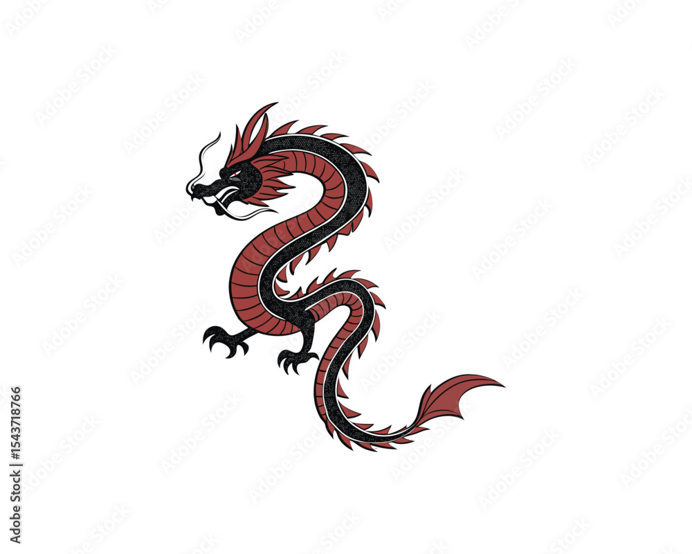 Fototapeta premium Red Asian Dragon with Curved Body – Flat Vector Illustration