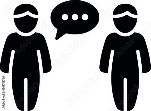 Minimal black filled icon representing human interaction, featuring two simplified human figures facing each other, symbolizing communication, teamwork, or social connection
