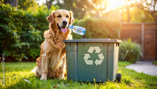 Golden retriever recycling plastic bottle beside green bin in backyard