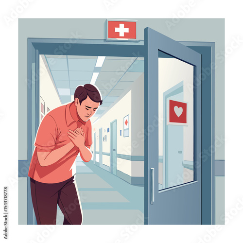 Man with Chest Pain Arriving at Hospital Emergency Room, Cartoon Style