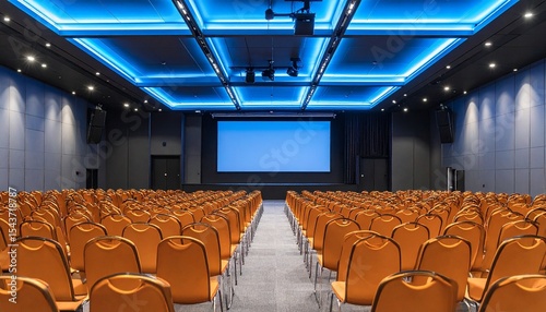 An empty modern auditorium with rows of orange seats and a large screen