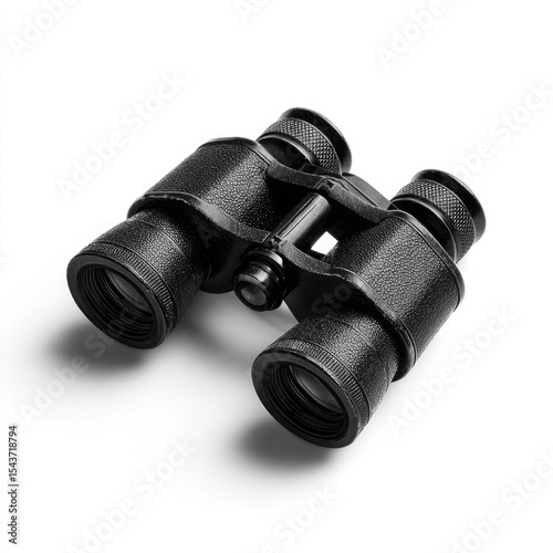 Black binoculars, isolated on white.  Close-up view of durable, functional optical device