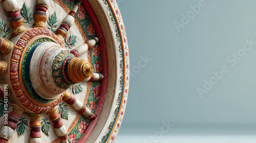 Ornate Rath wheel of Jagannath Yatra against minimal white background with text space.
