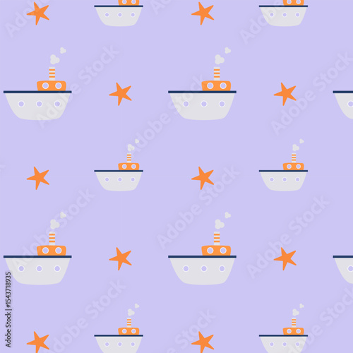 Nautical pattern with small steamers on a blue background for children's clothing and textiles
