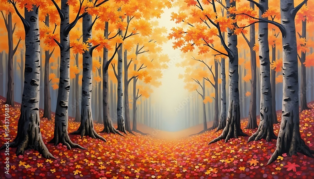 Fototapeta premium Autumnal forest painting with orange leaves and birch trees landscape