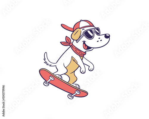 Cool Happy Dog Wearing Sunglasses Riding Skateboard Vector Illustration