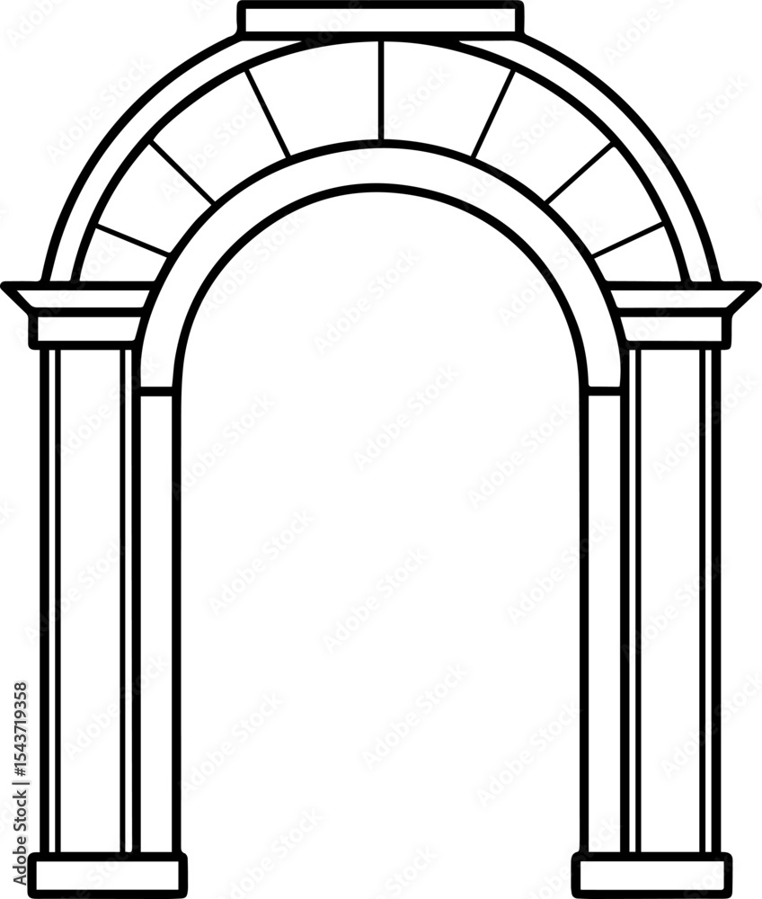 ornamental arch with columns line art, black outline ornamental arch with columns line art, black outline