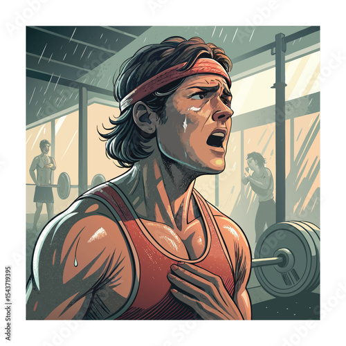 Exhausted Gym Athlete Portrait: Intense Workout, Sweaty and Determined