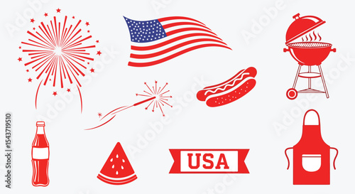 Fourth of July BBQ graphic pack. American flag, fireworks burst, sparkler, hot dog, kettle grill, cola bottle, watermelon slice, USA ribbon and cooking apron in bold red