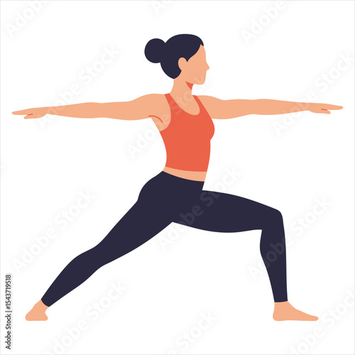 Female Yoga Warrior Pose Vector Illustration - Energetic Woman Practicing Fitness, Balance, and Mindfulness for Health & Wellness in Modern Flat Style for Web & App Design