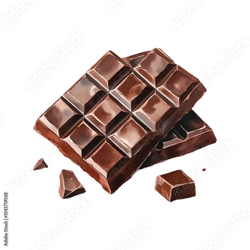 Watercolor style chocolate bar stack with crumbs on transparent background vector png