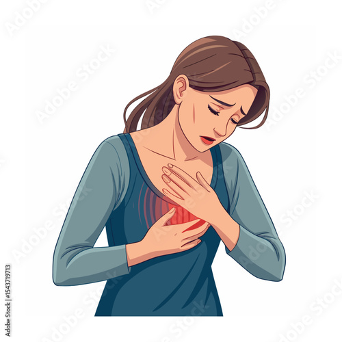 Woman Experiencing Chest Pain or Heartburn: Healthcare and Medical Illustration