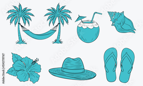 Turquoise beach holiday icon set. Palm hammock, coconut cocktail, conch shell, hibiscus flower, sun hat and flip-flops drawn in cool blue. Relaxed island vacation clipart