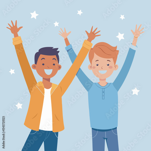 A vector illustration of two friends raising their hands in celebration, symbolizing friendship, joy, and shared victories