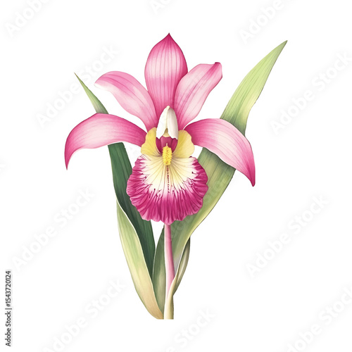 Beautiful pink orchid flower blossom with green leaves on transparent background vector png