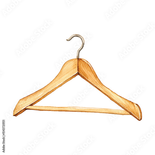 Watercolor illustration of wooden clothes hanger for garments on transparent background vector png