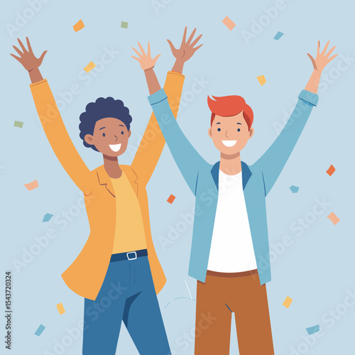 A vector illustration of two friends raising their hands in celebration, symbolizing friendship, joy, and shared victories