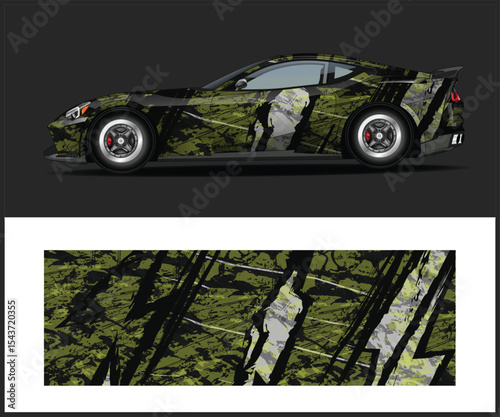 Modern Sports Car with Abstract Camouflage Wrap Design in Green and Black