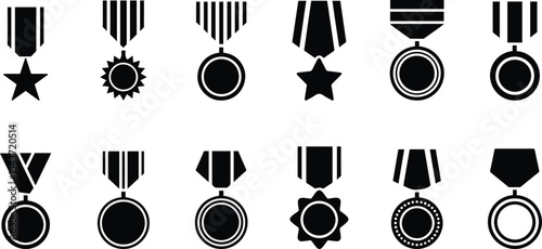 Military Award Medals Icon Set – Black Silhouette Vector Collection.