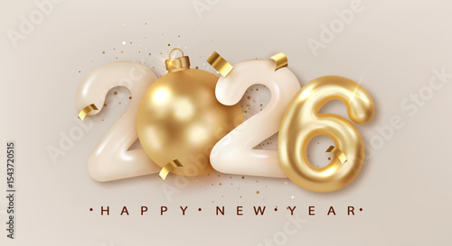 2026 Happy New Year Realistic 3d number with golden Christmas bauble. Merry Christmas 2026 luxury greeting card.
