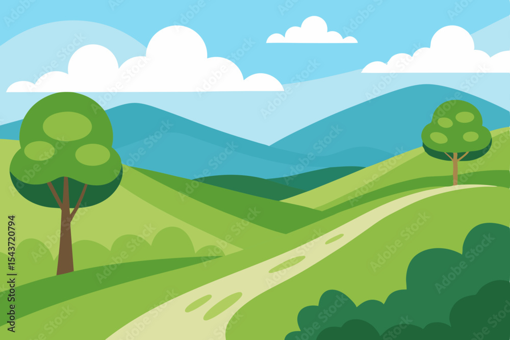 Fototapeta premium A vibrant summer landscape with green hills, trees, and majestic mountains under a blue sky with white clouds